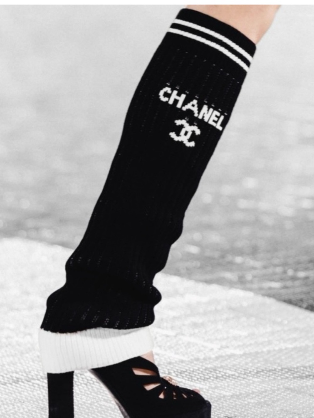ChaneI Black White Spell Out letter Logo Leg Warmers